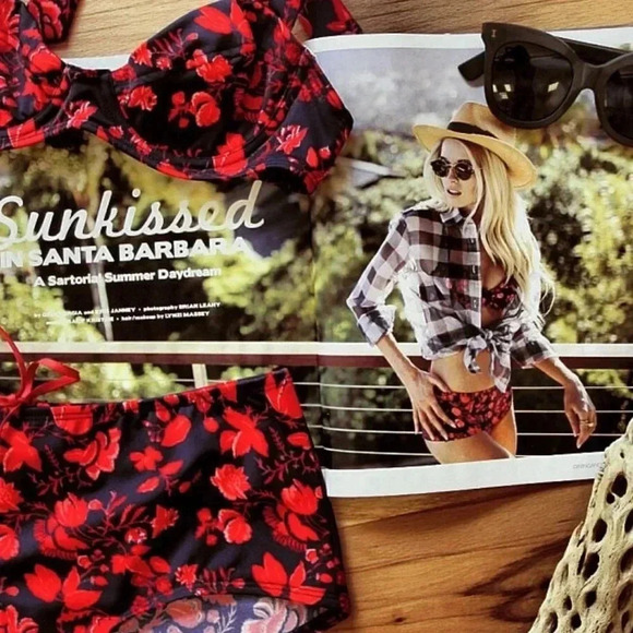 Pret-a-Surf Retro Halter Two Piece Bikini Bathing Suit in Red Blue Floral Toile - Picture 6 of 11